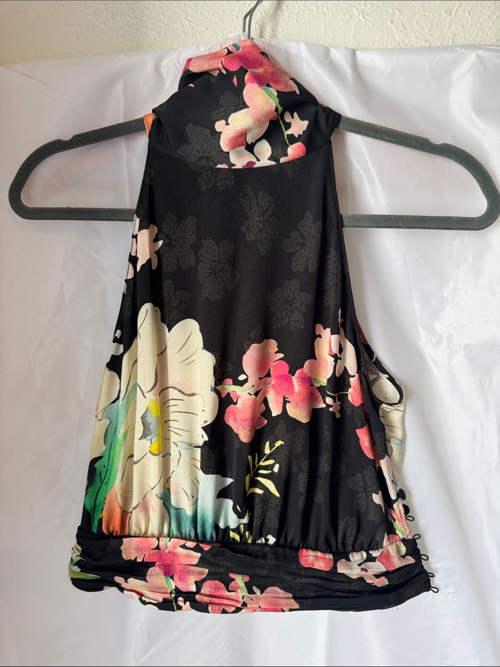 Zara Black Floral Halter Tank Top with Pink and Cream Accents